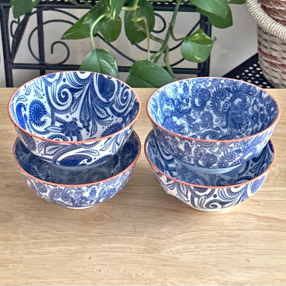 Ooh La La by BIA Cordon Bleu Paisley Floral Orange Rim Porcelain Bowls Set of 4 - Picture 5 of 8